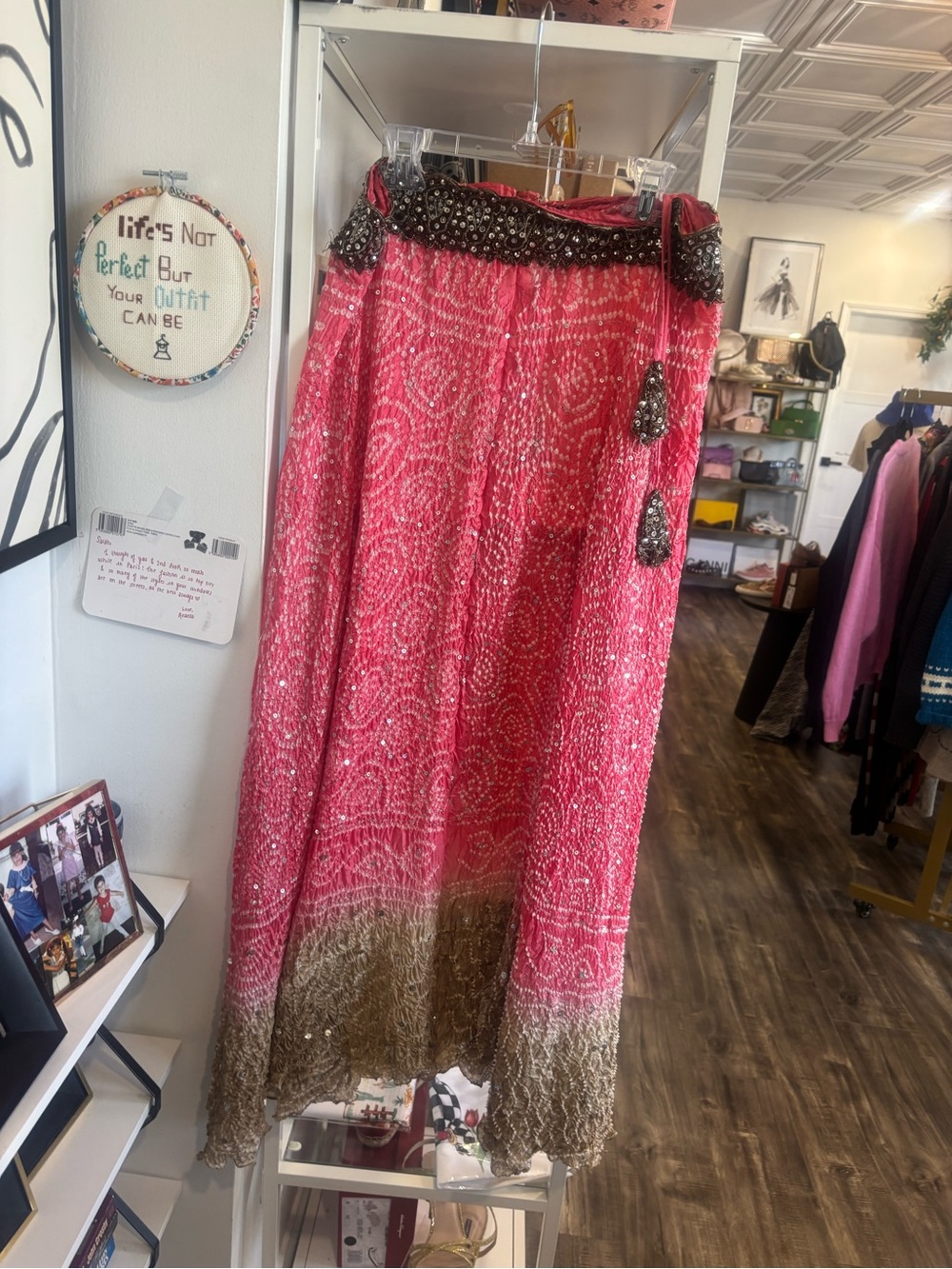 Vintage Pink Embellished sequin Maxi Skirt with Gold ombre Hem